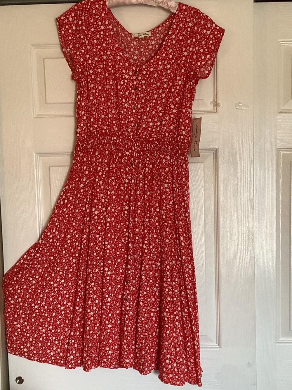 Red Floral V-Neck Midi Dress with Smocked Waist